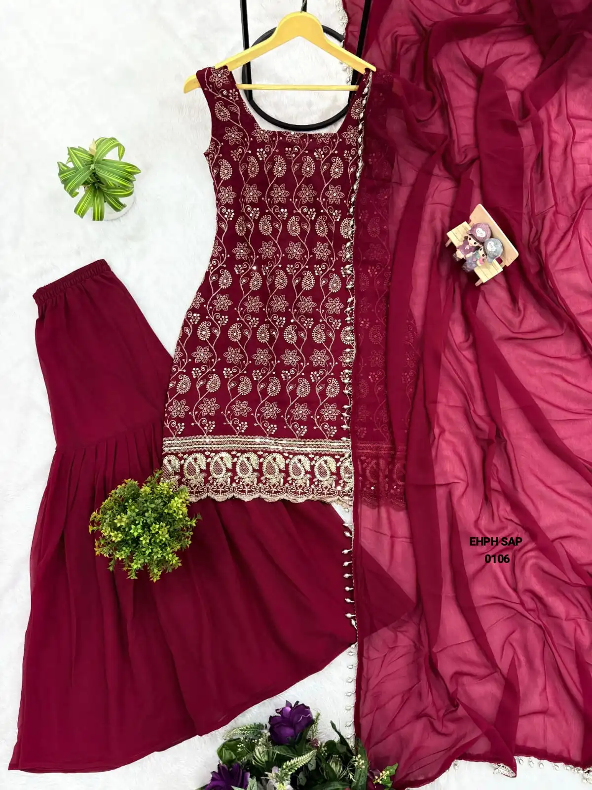 FRONT & BACK EMBROIDERY WORK WITH FANCY LACE & Kurti Palazzo Set with Dupatta
